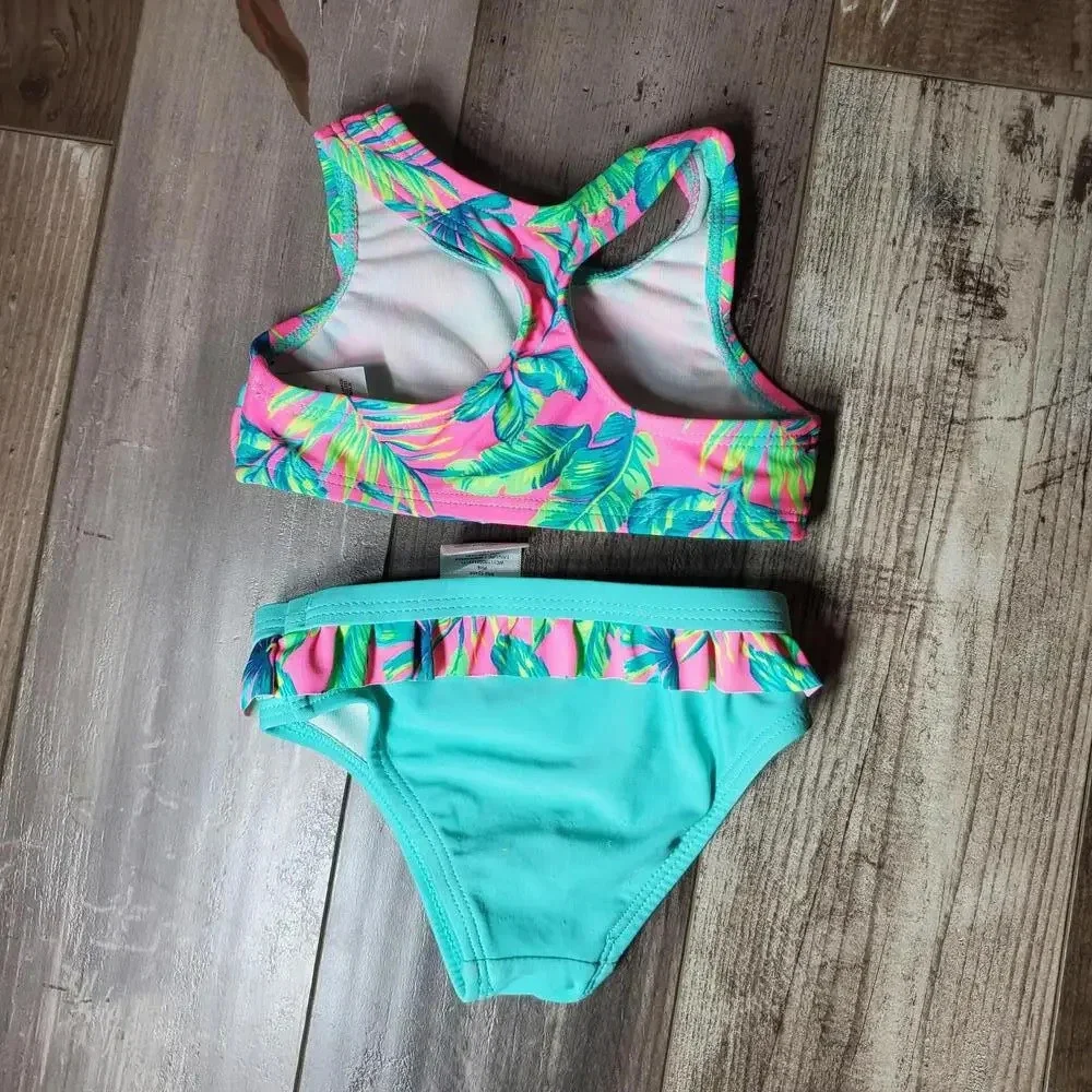 Wonder Nation Baby Girl 2 pc Swimsuit Bikini Size 12m Teal Hot Pink Tropical